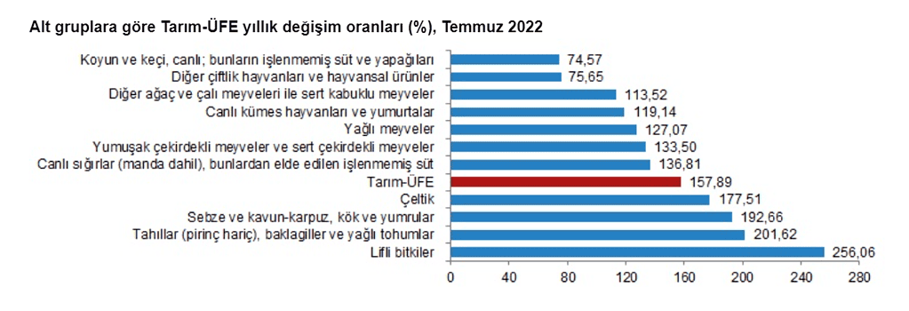 Alt gruplara göre Tarım-ÜFE yıllık değişim oranları (%), Temmuz 2022